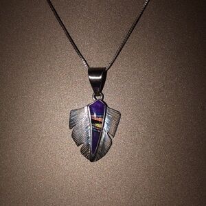Elegant Sterling Silver and Purple Leaf Pendant Necklace by Calvin Begay